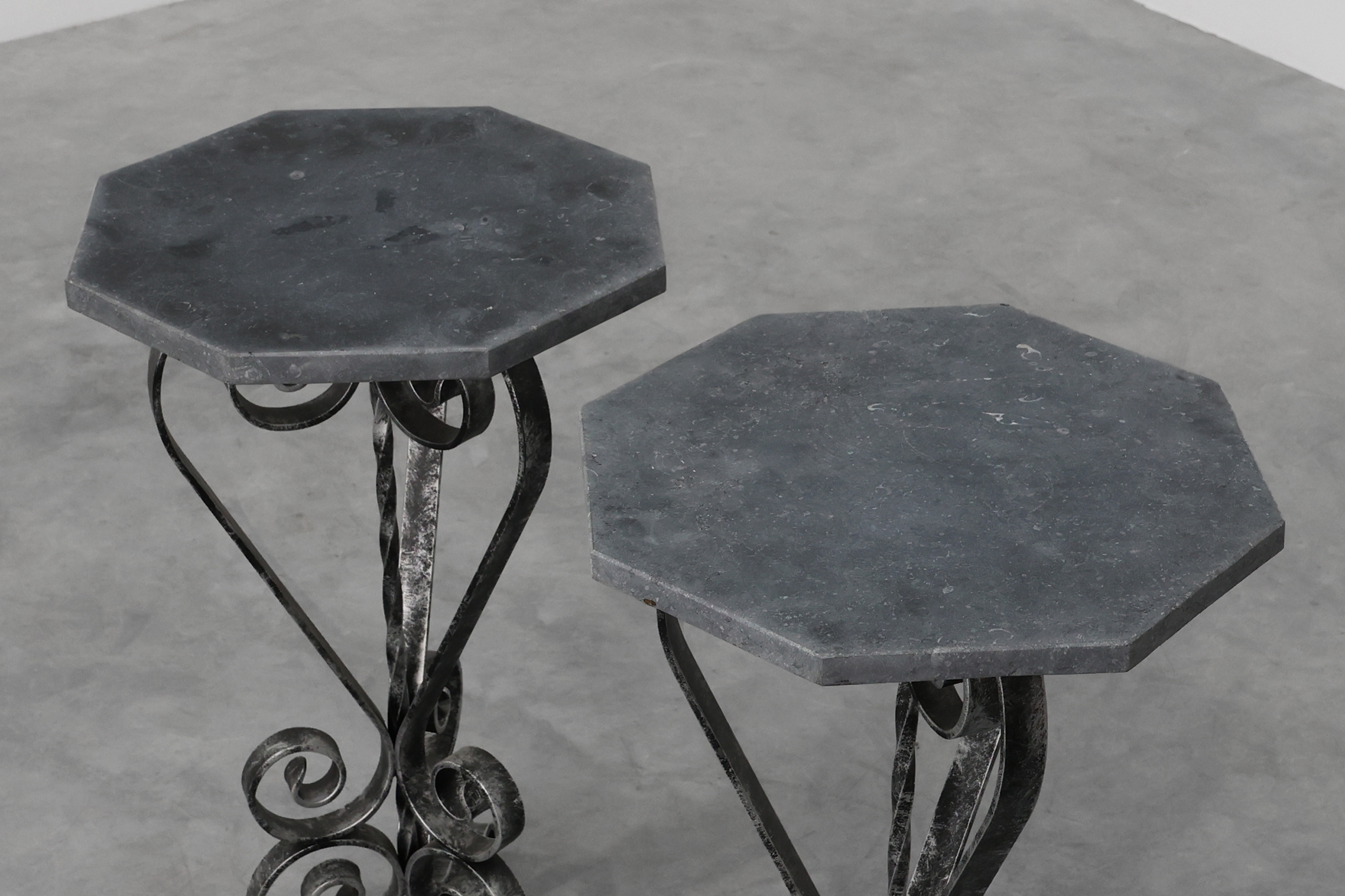 Pair of French Wrought Iron Consoles with Belgian Blue Stone Tops, 1950sthumbnail